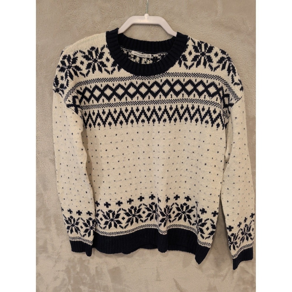 Staccato Fair Isle Sweater Womens M Cream Navy‎ Nordic Crewneck Knit